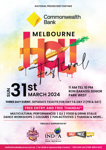 Holi Festival Melbourne CBD - 31st March - FREE Entry & Thandai**